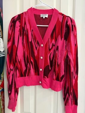 CROSBY by Mollie Burch Hot Pink & Red Abstract V-Neck Cardigan
